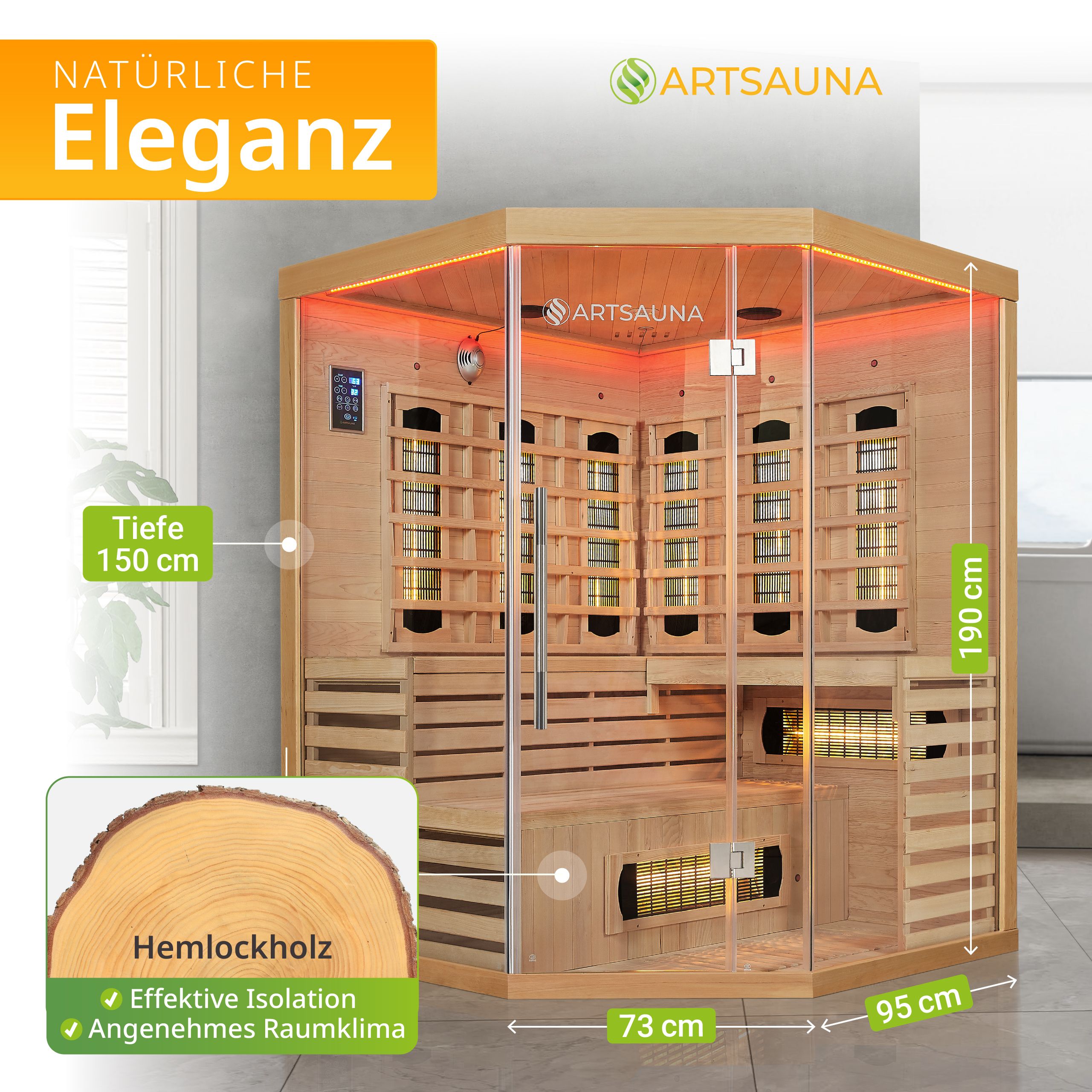 Artsauna Infrarotkabine Kiruna150 Dual Technologie – 8 Vollspektrumstrahler & 1 Flächenstrahler