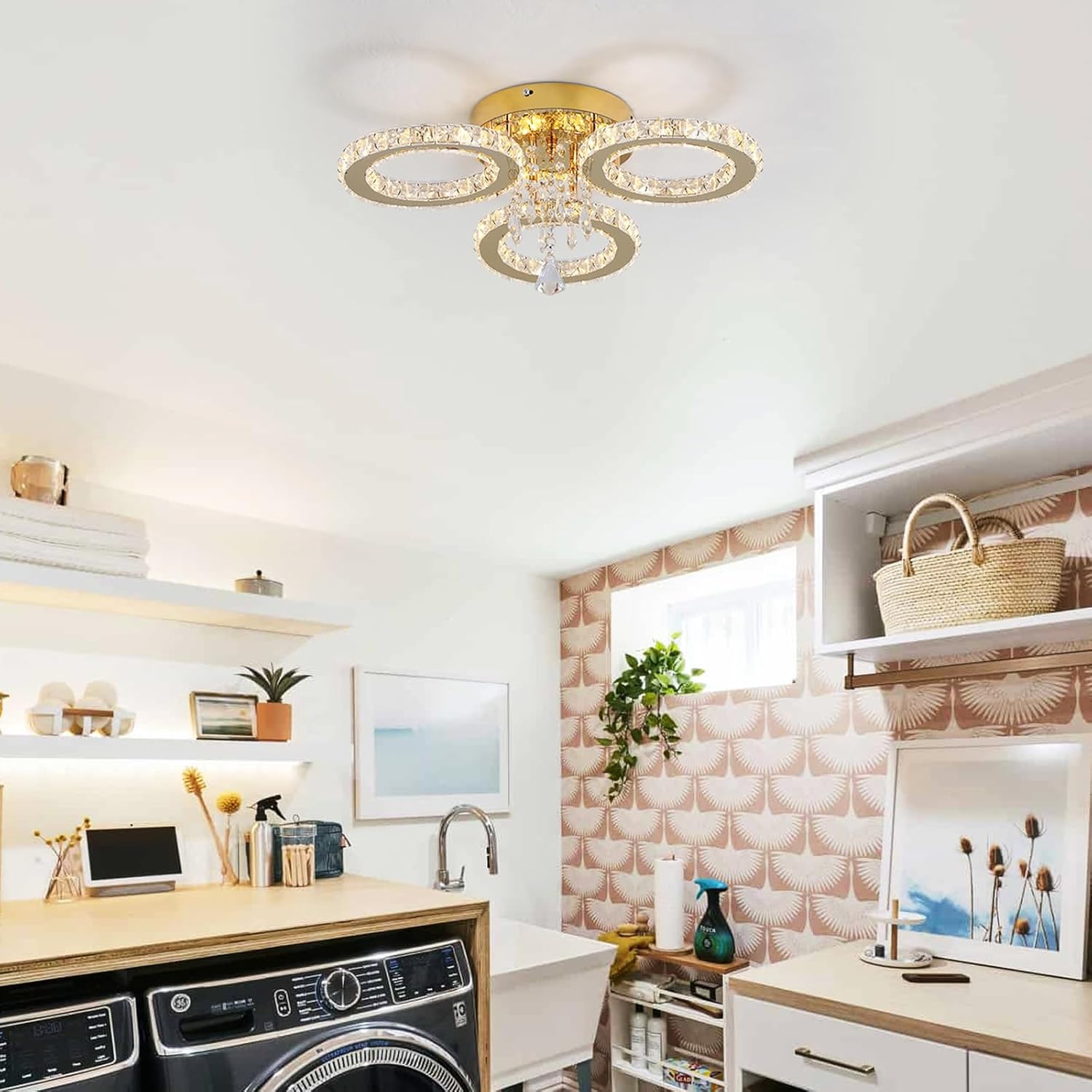 VETRULUS Moderner Kristall-LED-Kronleuchter – Goldene Deckenleuchte mit 3 Ringen, Dimmbar für Schlafzimmer, Esszimmer, Flur