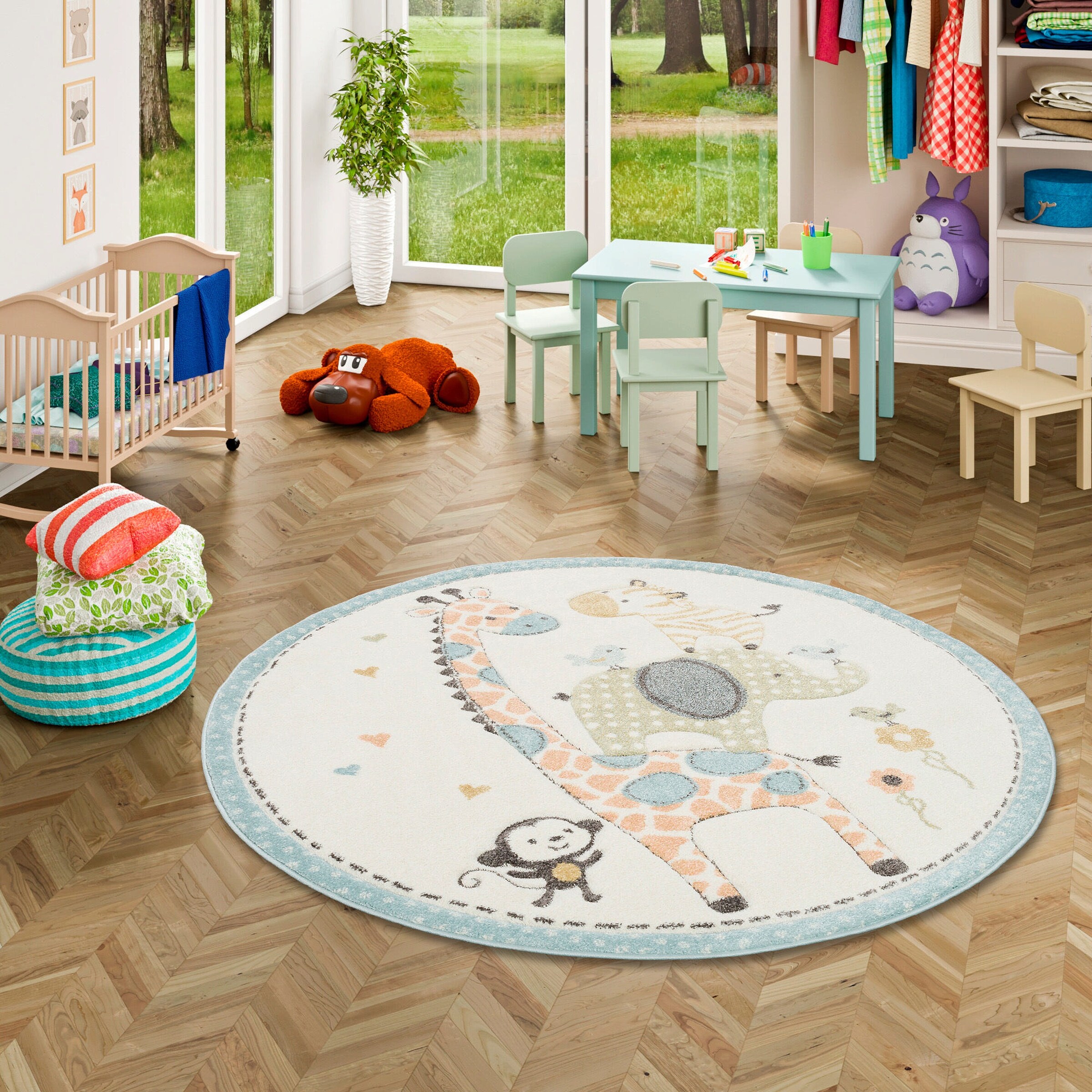 Pergamon Kinder Teppich Maui Kids Safari Tiere Bunt Rund Bunt