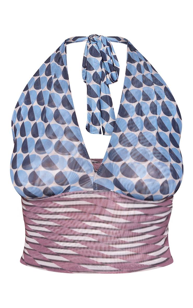 Bleu Top En Mesh À Col Licou Avec Imprimé Contrasté Géométrique