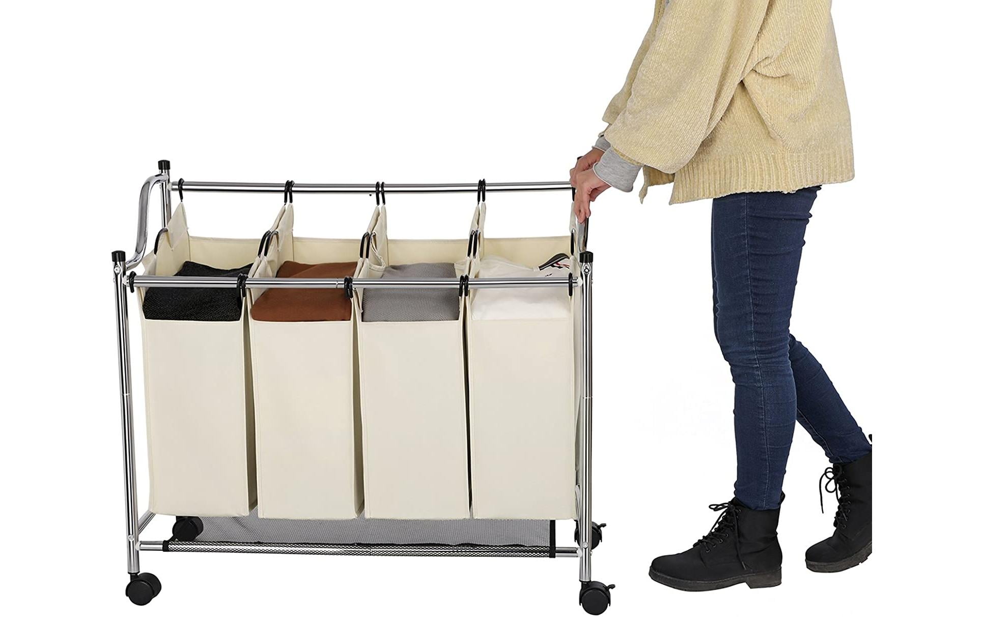 Wäschesammler mit 4 Fächern 120 l, Beige/SilberWäschewagen mit 3 Fächern