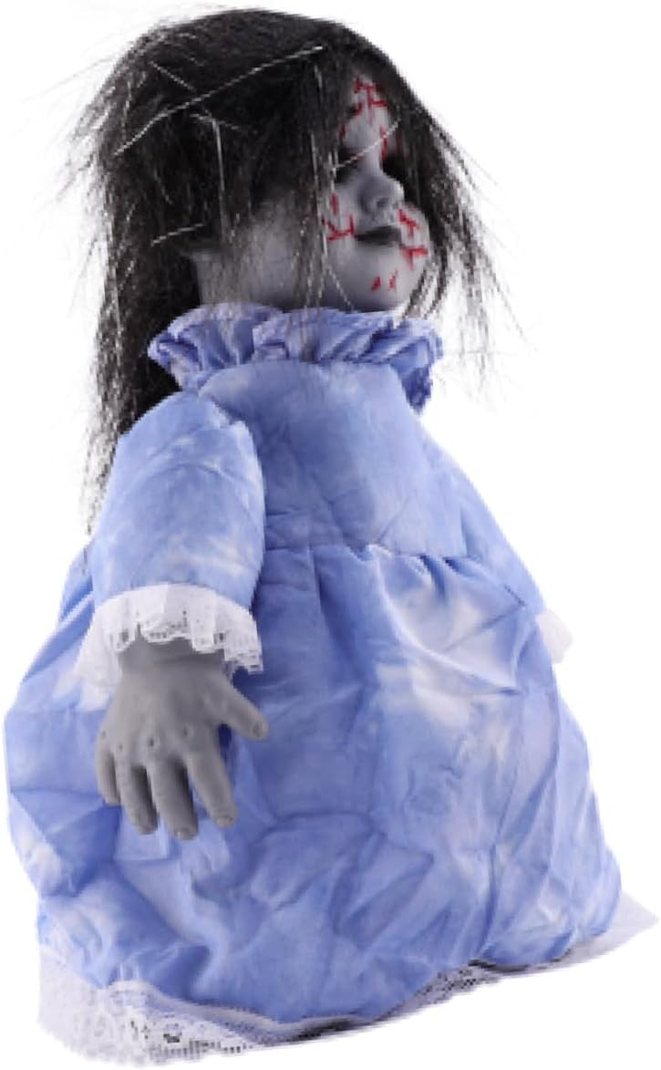 (30cm) Halloween Horror Puppe Party Deko Laufende Babypuppe mit Grusel Musik / Licht (Batteriebetrieben) - Blau / Schwarz