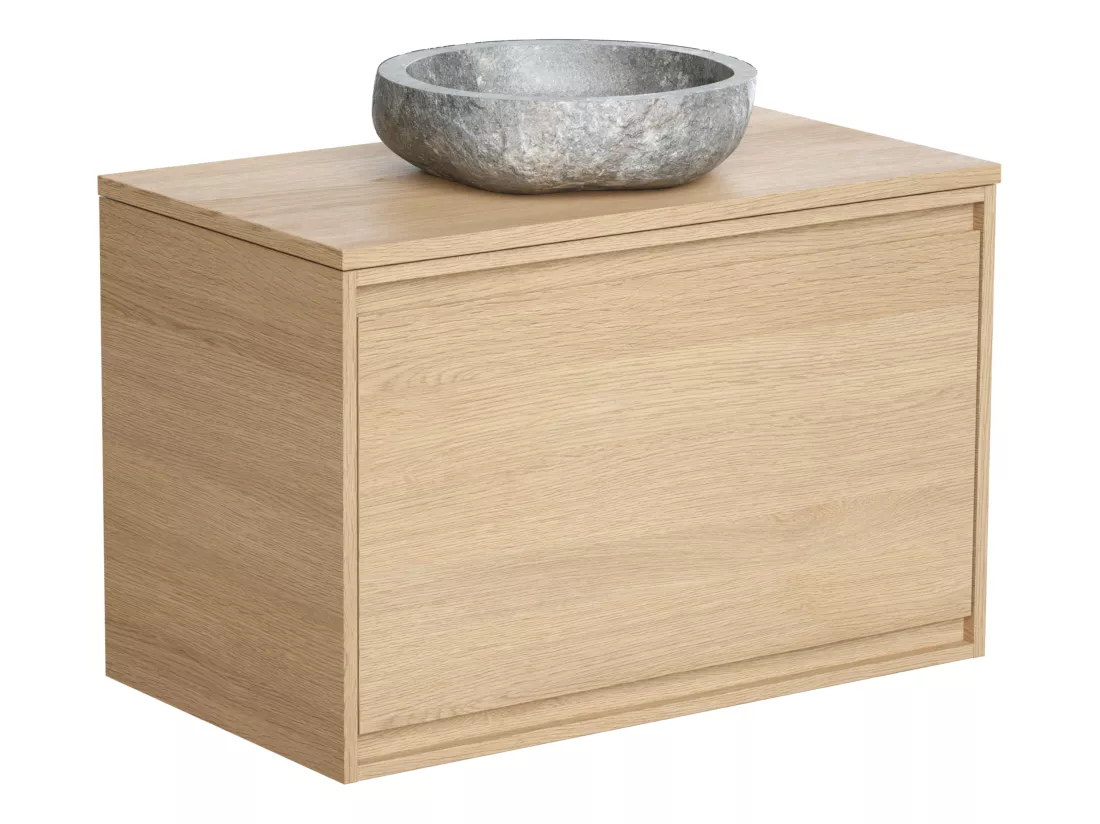Meuble de salle de bain suspendu avec vasque à poser en pierre - Placage chêne - 80 cm - MESLIVA