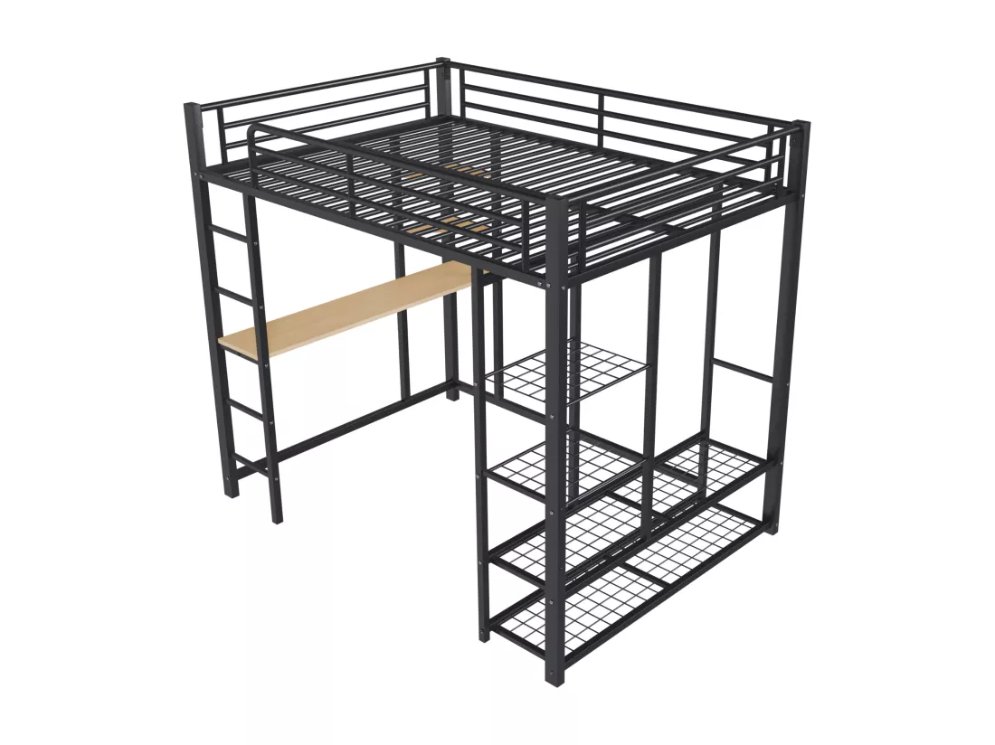 Lit mezzanine 140 x 200 cm avec bureau et étagères de rangement - métal - sommier à lattes - noir (sans matelas)