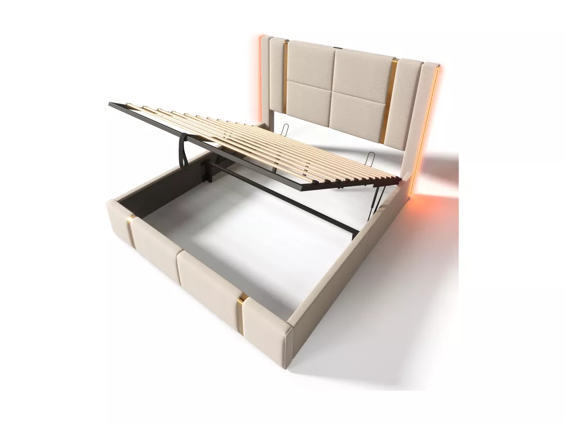 Lit coffre 140x200 cm rembourré en tissu de lin - avec LED et fonction de recharge - avec sommier à lattes - Beige