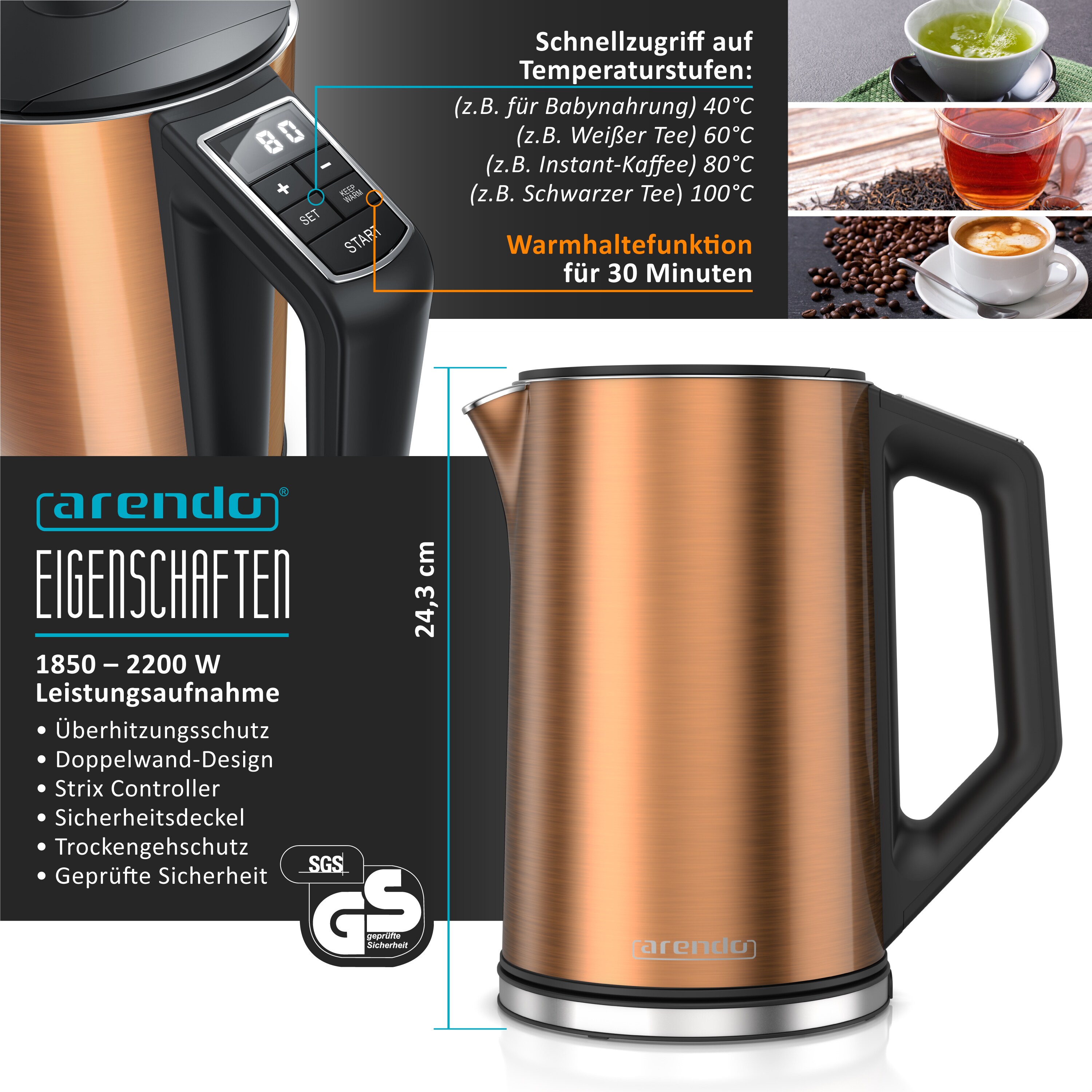 Arendo 2-teiliges Frühstücksset - Edelstahl Wasserkocher 1,5l, 3er Eierkocher, Kupfer