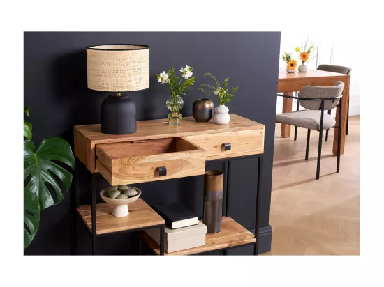 Console avec rangements 2 tiroirs en bois massif et métal noir L80 cm GRENELLE