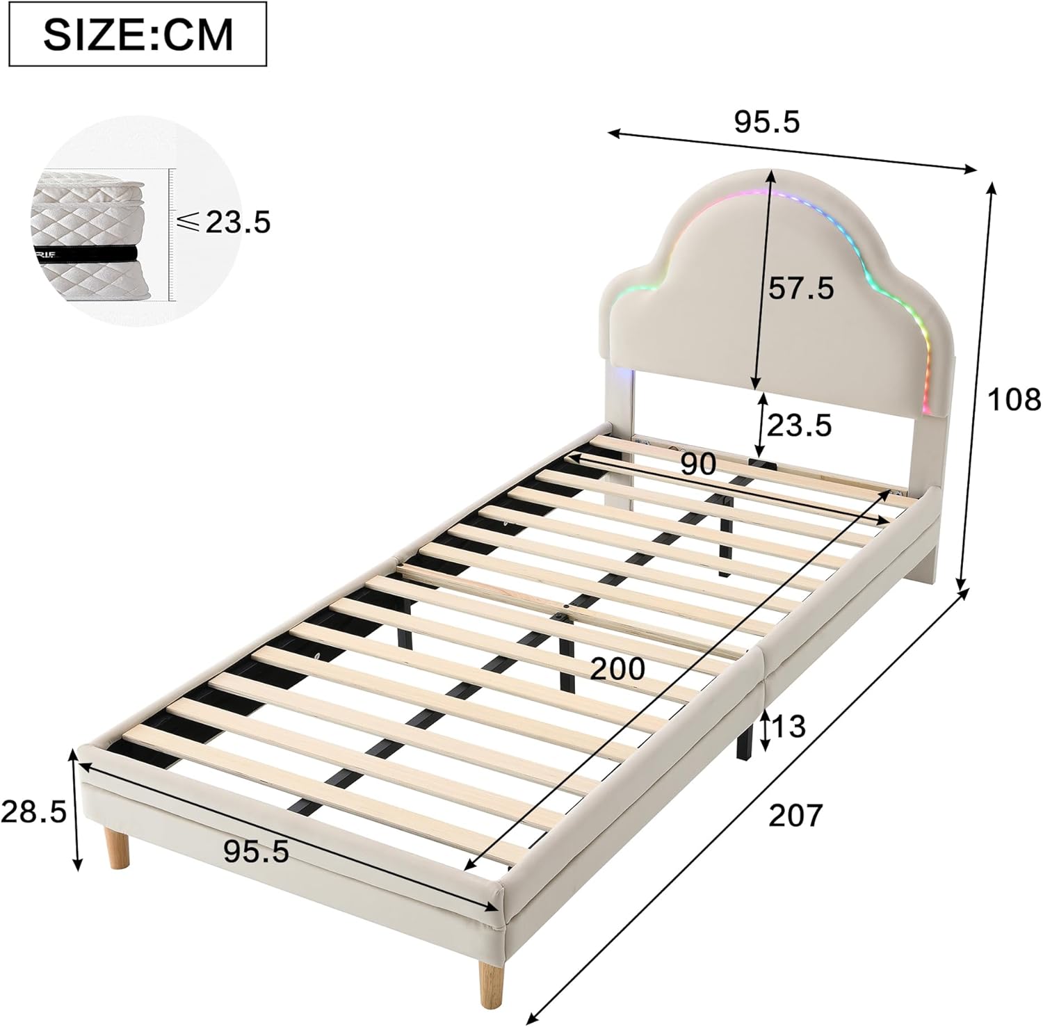 Merax Kinderbett Polsterbett 90x200 cm mit LED, Einzelbett mit wolkenförmigem Kopfteil, Samt Bettgestell mit Lattenrost, Kinder Einzelbett mit Farbwechsel Licht, Beige, ohne Matratze