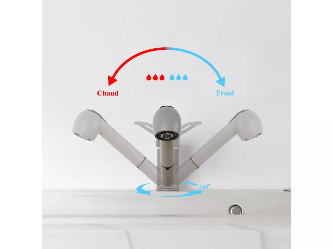 2PCS AURALUM MAX Robinet Cuisine avec Douchette Extractible 2 Jets Mitigeur Evier en Laiton Pivotant 360° Robinetterie Eau Froide/ Chaude,Gris Granit