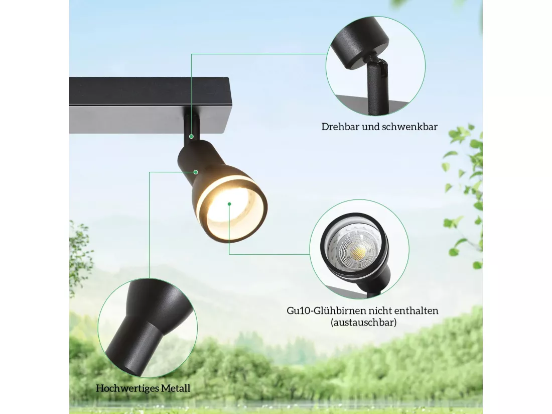 NETTLIFE Plafonnier noir moderne : 3 spots de plafond orientables en métal, plafonnier GU10, pour chambre, salle à manger, sans ampoule