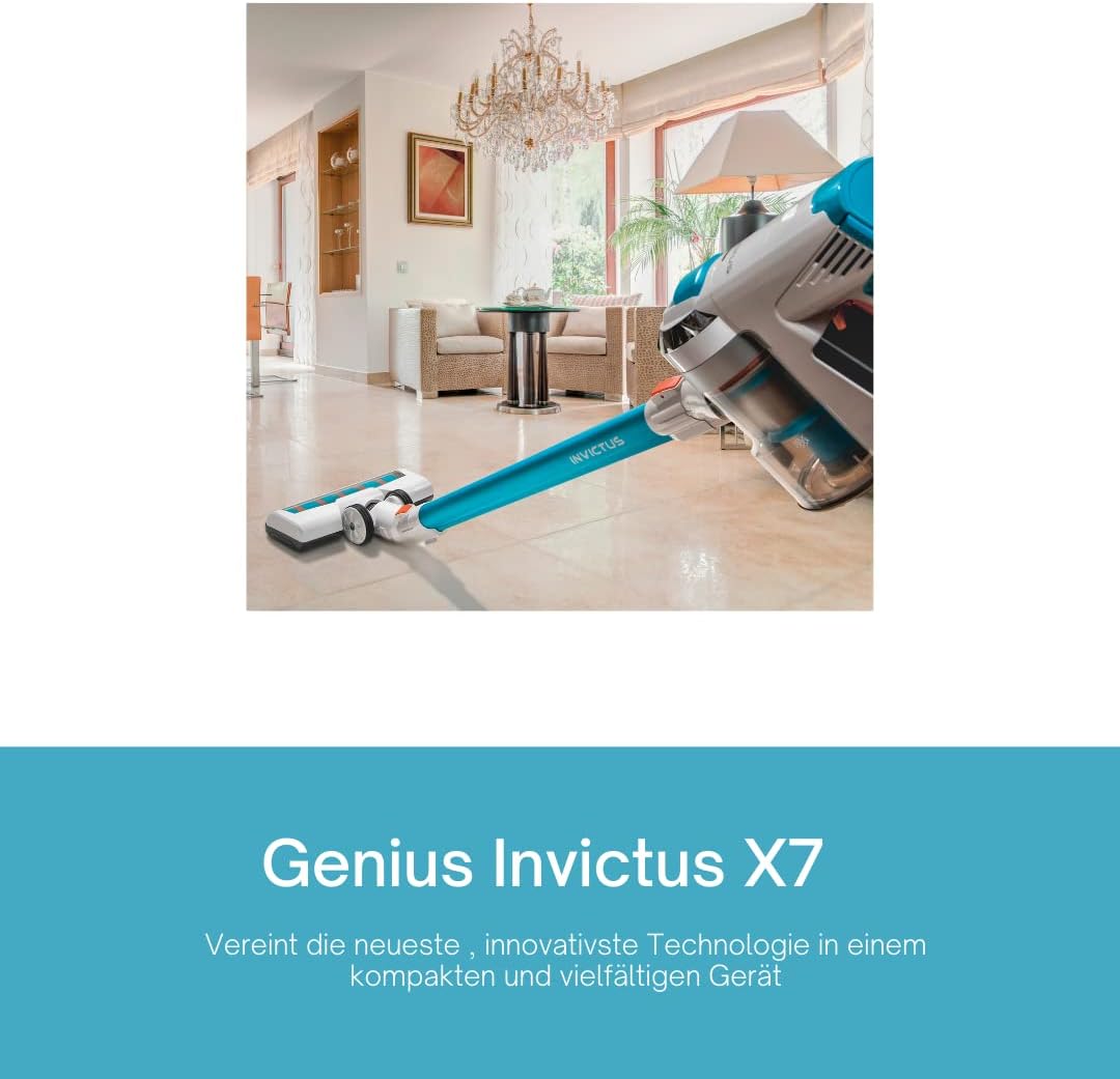 Genius Invictus X7 Akku-Staubsauger (13 Teile) Beutelloser und kabelloser 2in1 Staubsauger mit 380 Watt Saugleistung und integrierten LED-Spot-Lichter, Lithium-Ionen Akku (30 min), Weiß/Blau