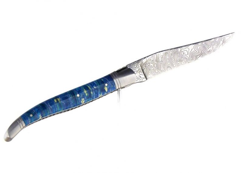 VENDU - Couteau Laguiole avec un manche en molaire de Mammouth teintée bleu