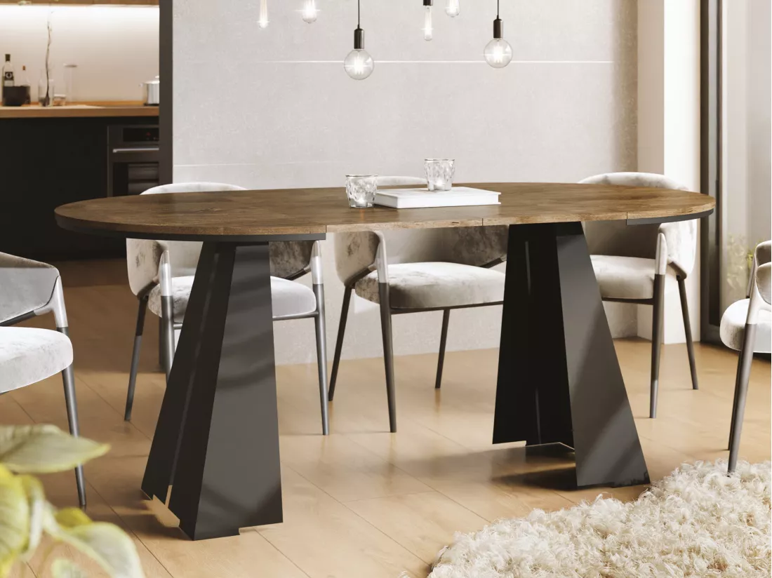 Table à Manger Ronde Extensible Avec Piètement Métallique Noir - Table Industrielle Moderne Pour Salle à Manger Ou Cuisine - 100 Cm à 180 Cm - Fabriqué En Ue - Chên