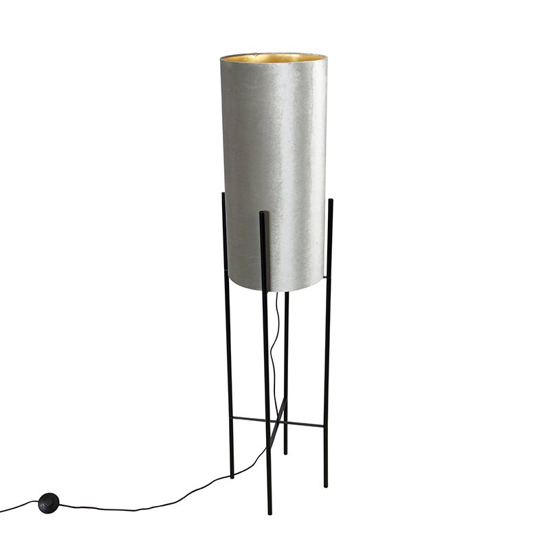 QAZQA - Moderne design vloerlamp | Staande lamp | Vloerlamp | Lamp | Lamp met fluwelen kap taupe/goud | Messing - Rijk | Woonkamer/slaapkamer - Textielcilinder - LED-compatibel E27
