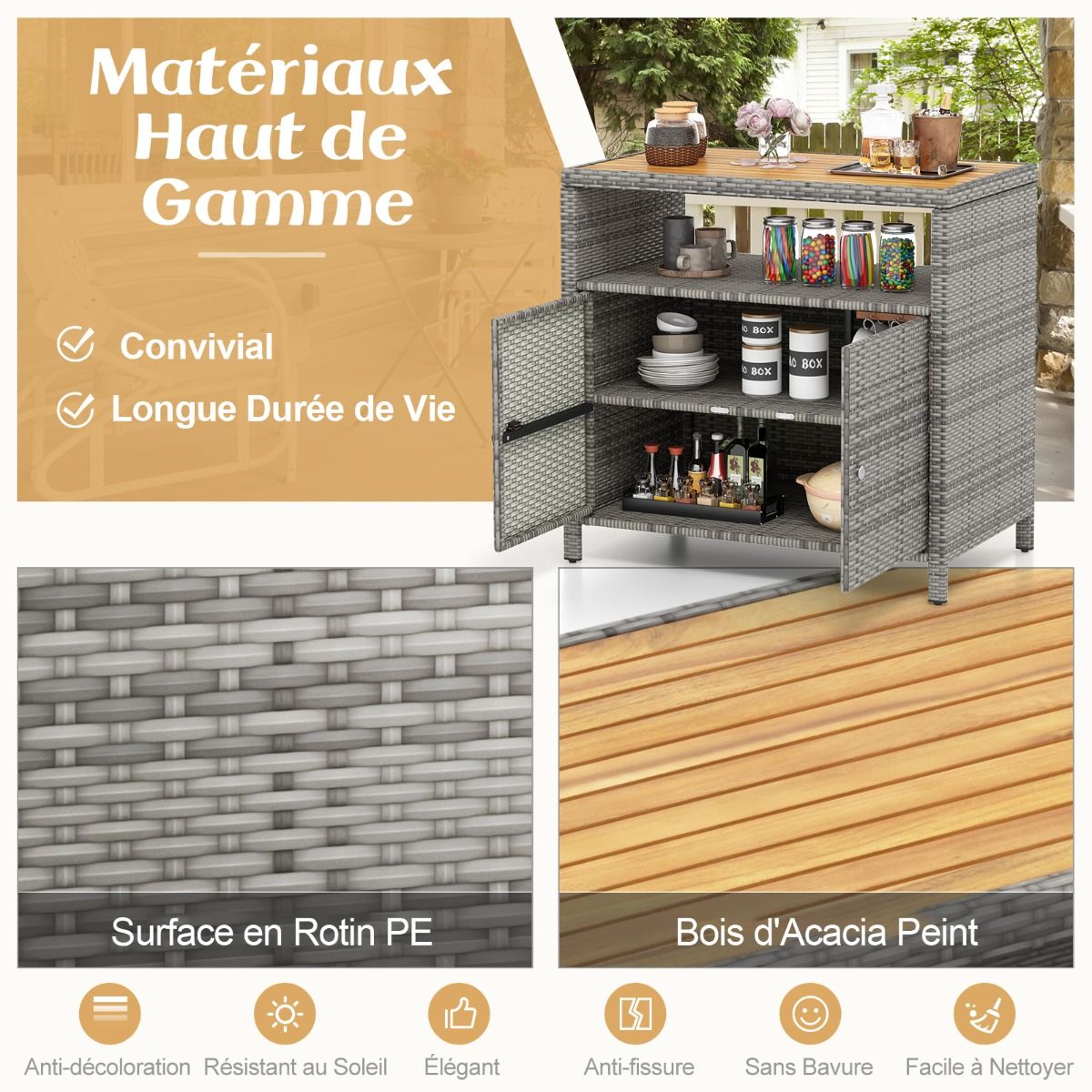 Armoire de Rangement Exterieur en Rotin Armoire de Jardin avec Plateau en Bois d'Acacia Compartiment Ouvert Buffet à 2 Portes - Lidl-Manfred