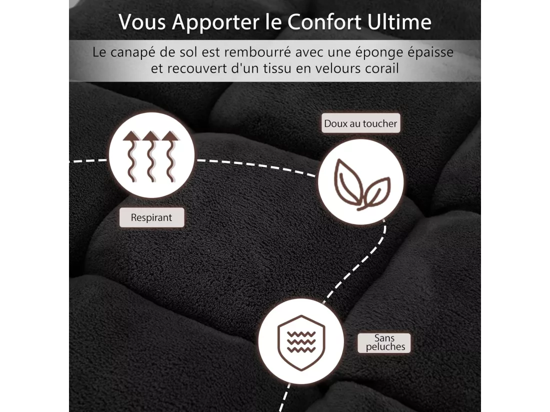 Canapé Paresseux Tatami Pliable Chaise de Plancher Coussin de Chaise de Lit Siège de Sol pour Maison, Bureau 105 x 57 x 15 cm (Noir)
