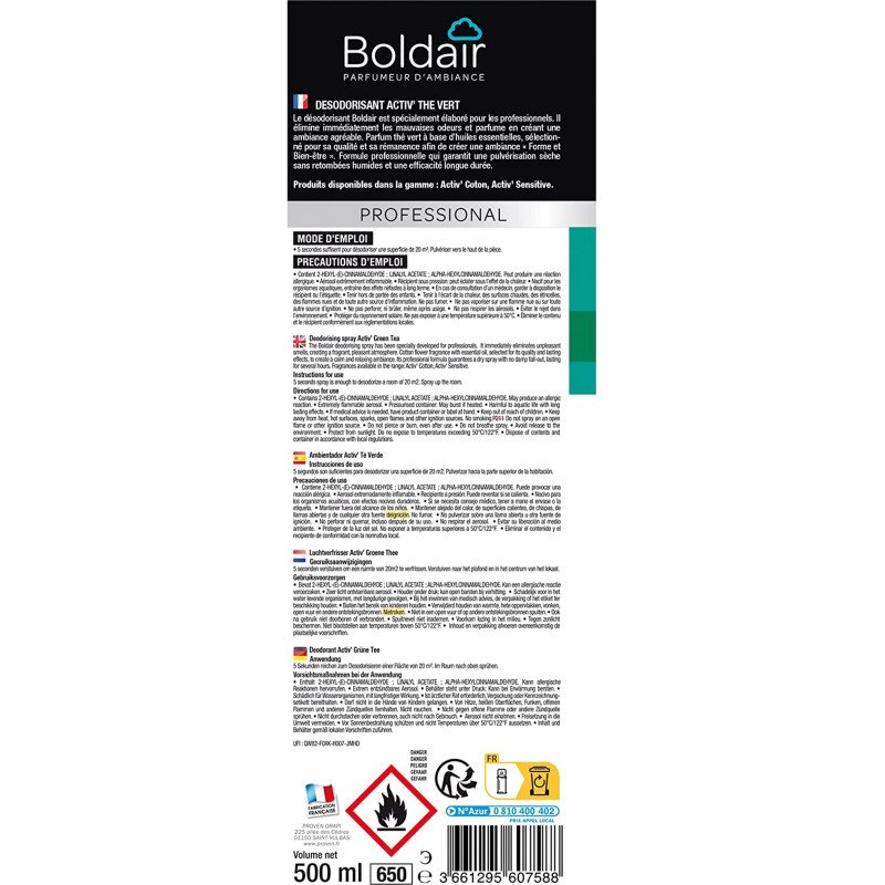 Désodorisant aromathérapie Boldair activ'thé vert - Aérosol 500 ml