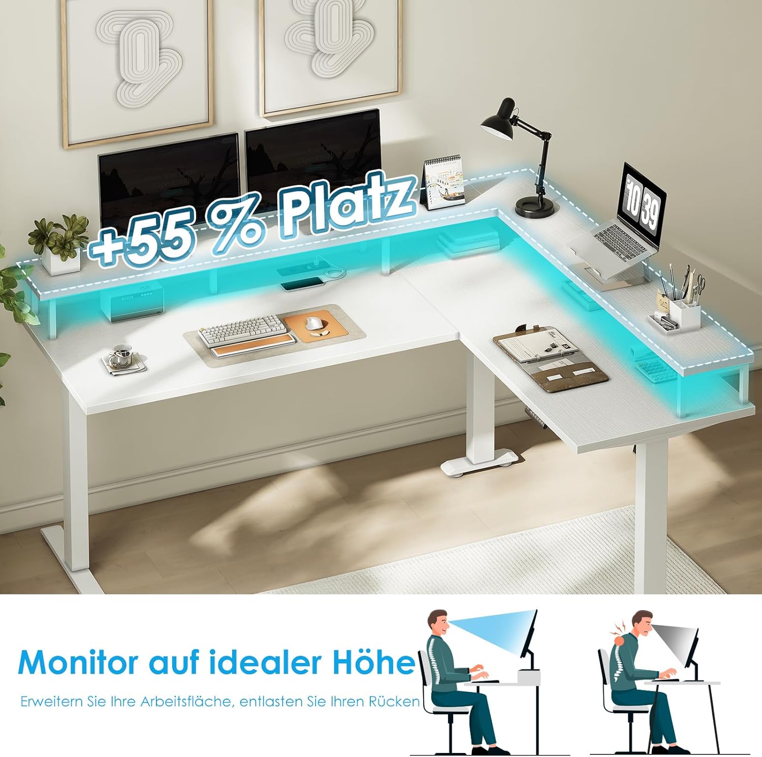 OffiGo Eckschreibtisch Höhenverstellbar, 150x120cm Schreibtisch Höhenverstellbar mit Steckdose, Elektrischer Schreibtisch L Form mit Monitorständer, Weiß