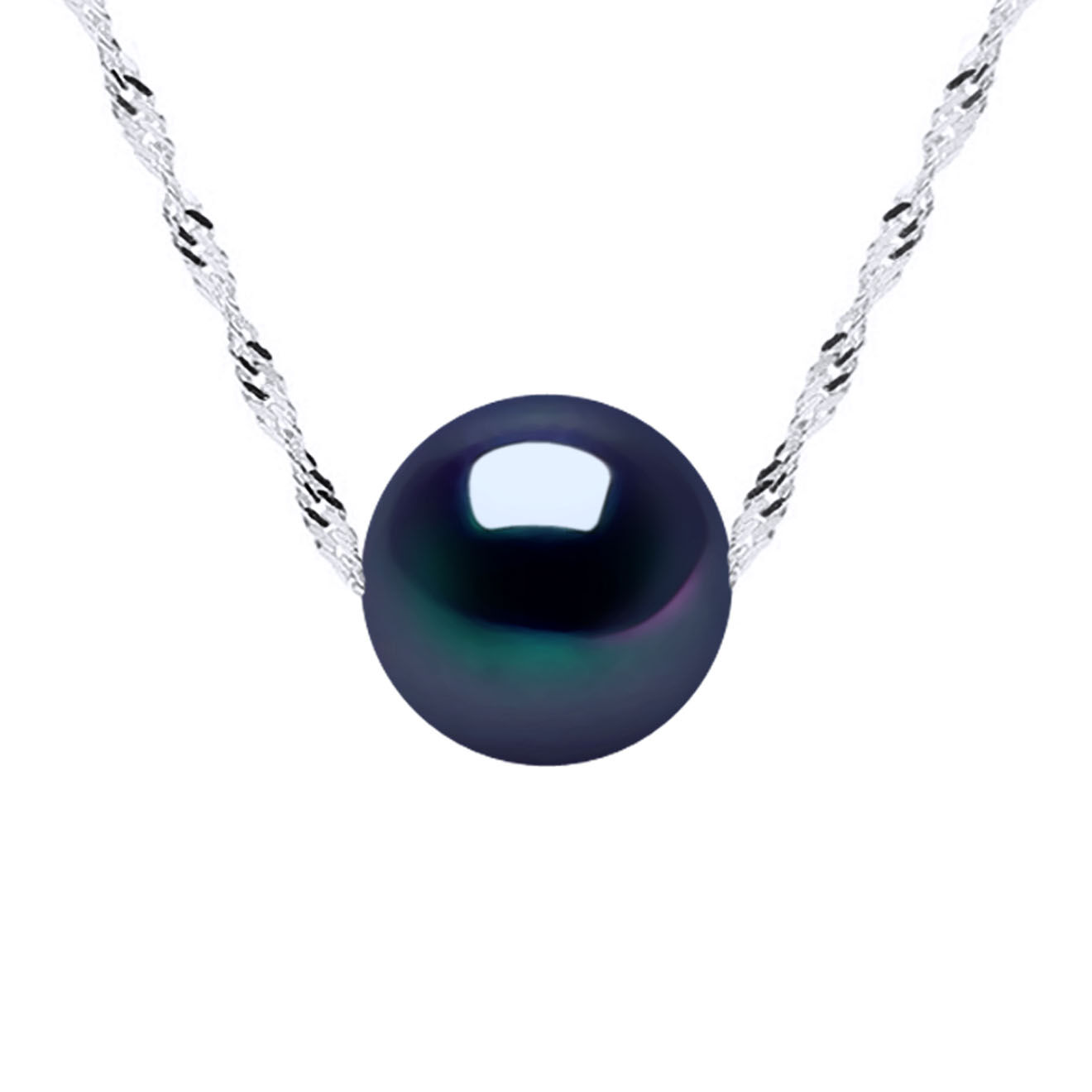 Mitzuko Collier Solitaire Argent rhodié & Perle d'Eau Douce traversante ronde noire
