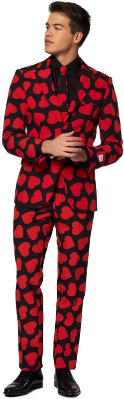 OppoSuits - King of Hearts - Pak - Zwart met Rode Hartjes - 100% Polyester