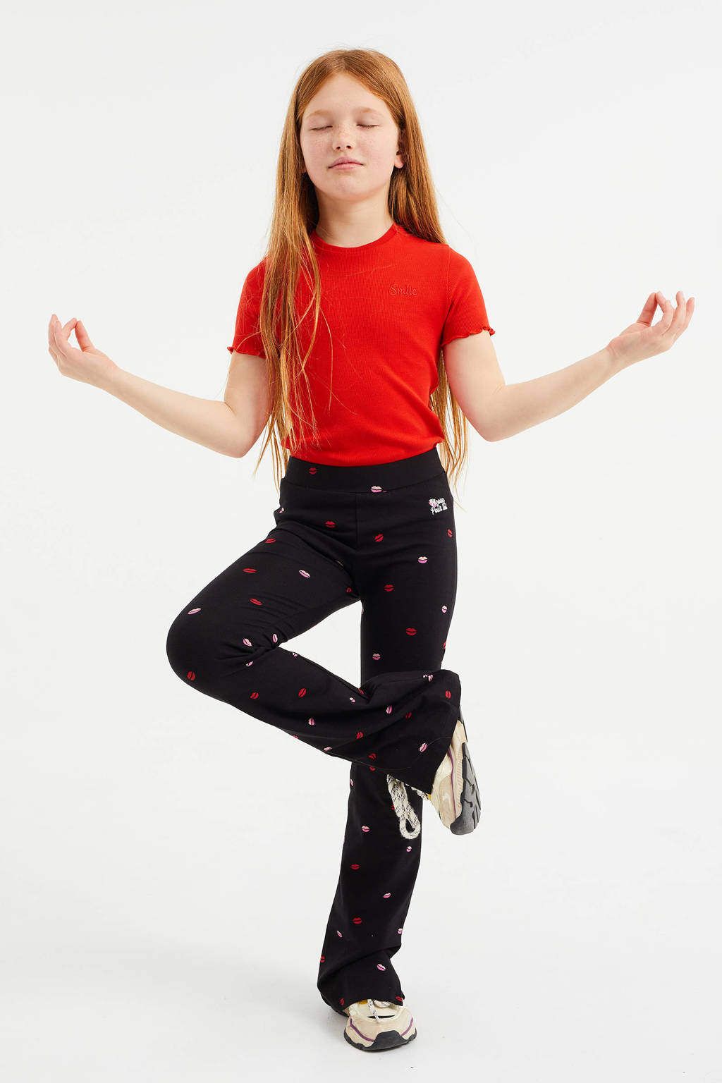 WE Fashion ribgebreid T-shirt met borduursels rood