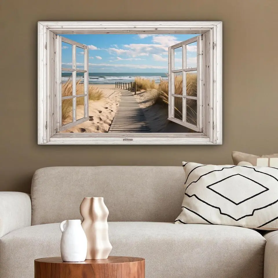 MuchoWow Canvas Schilderij 90x60cm Raam Zee Kust Natuur