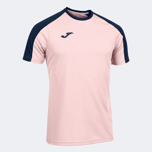 Camiseta Joma Eco Championship de manga curta, azul marinho e rosa.