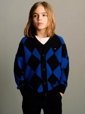 Cardigã oversized de lã com estampa argyle em tons sobre tons.