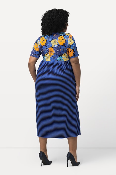 Jerseykleid, Blüten/Streifen, A-Linie, Rundhals, Halbarm