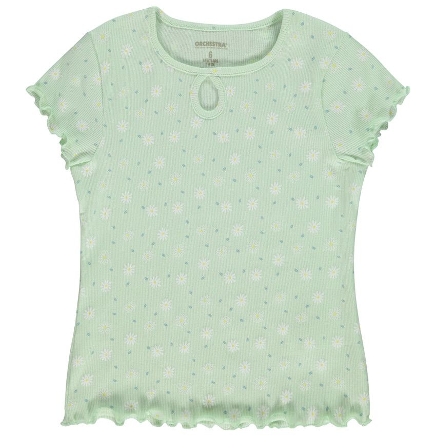 T-shirt manches courtes côtelé imprimé fleuri pour fille - Vert