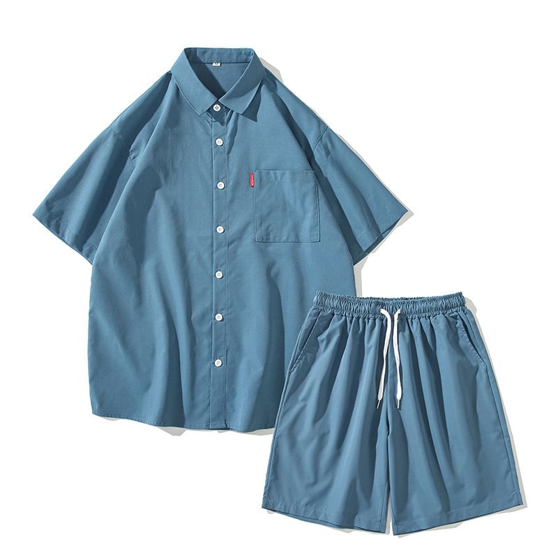 Blueforce - Set: Kortmouw overhemd met kraag en effen kleur + Shorts met trekkoord in de taille