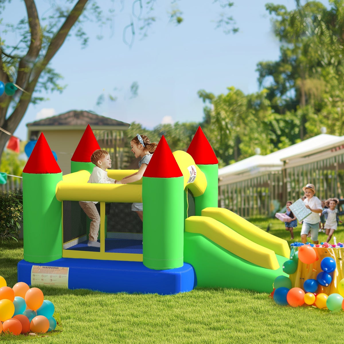 HOMCOM Opblaasbaar springkussen met blower, kinderspringkussen, speelkasteel met glijbaan, trampoline, veiligheidsnet, voor kinderen van 3 tot 10 jaar, Oxford, 300 x 180 x 160 cm
