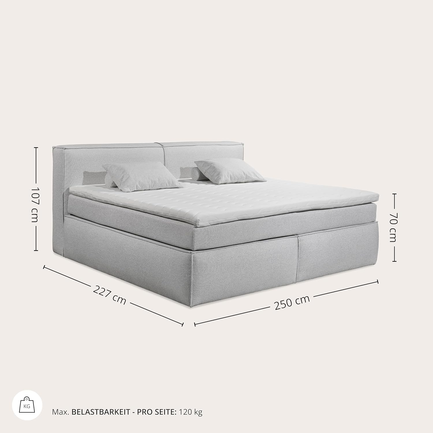 Boxspringbett Sandon Familienbett 240x200 in Silber – Duo-Wendematratze H3/H4 mit 7-Zonen-Tonnentaschenfederkern, 6 cm Topper & komfortable Liegehöhe 70 cm