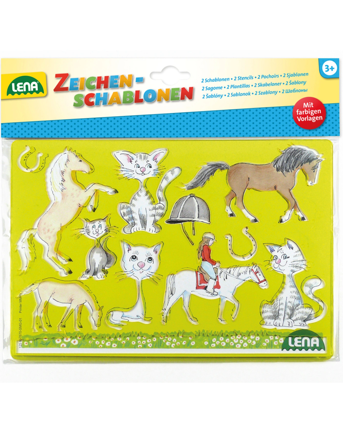 Zeichenschablonen PFERDE UND KATZEN in gelb/grün