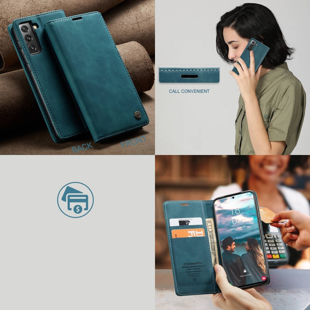 Samsung Galaxy S21 FE 5G Leder Tasche Flip Wallet Etui mit Kartenfächern - Blaugrün