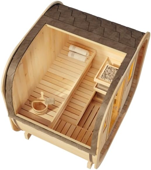 Fasssauna ScandiCube Mini XS Fasssauna 2 Sitzbänke aus Holz, Sauna mit 42 mm Wandstärke, Außensauna mit Montagematerial