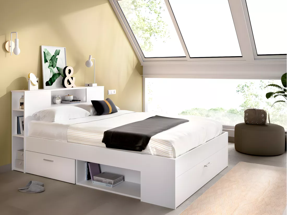 Lit avec tête de lit rangements et tiroirs - 140 x 190 cm - Coloris : Blanc + Sommier + Matelas - LEANDRE