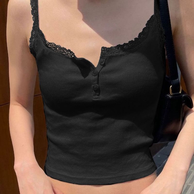 Honet - Effen, slim-fit crop top met vierkante hals en kantafwerking