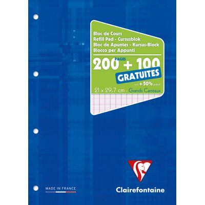 Clairefontaine - Bloc de cours - A4 - 300 pages - grands carreaux (Seyes) - perforé
