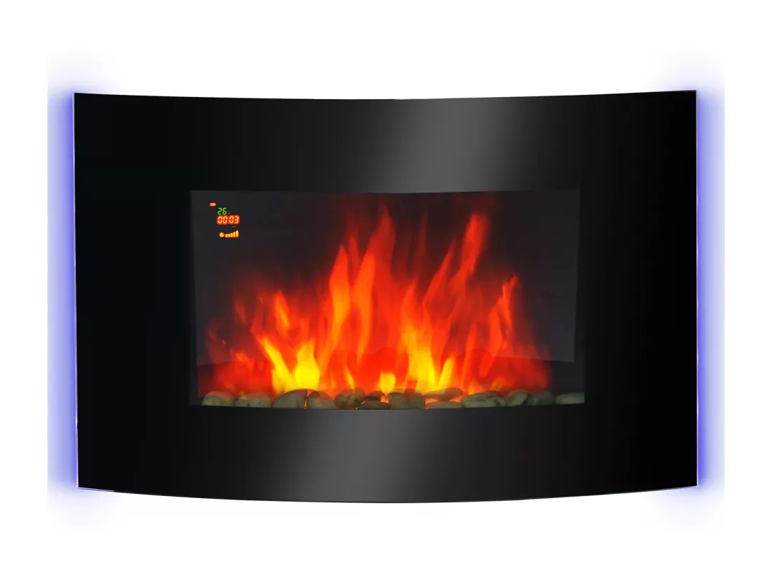 Cheminée électrique murale éclairages latéraux LED design avant-gardiste affichage LED avec télécommande et minuterie 1000/2000 W luminosité réglable noir