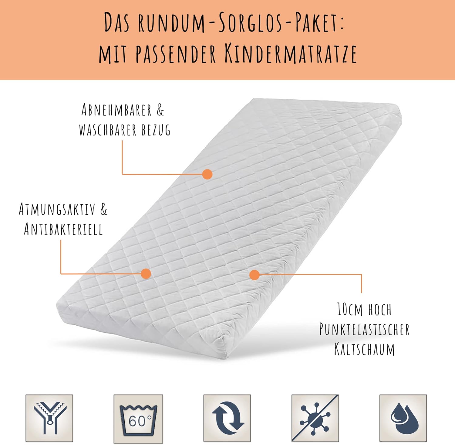Hochbett 90x200 cm mit 2 Matratzen und 2 Schubladen Etagenbett mit Rausfallschutz und Lattenrost, umbaubar in Zwei Kinderbetten, aus Vollholz massiv in weiß, Funktionsbett Kinderbett