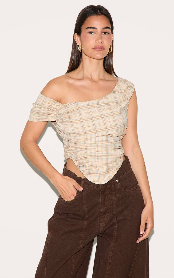 Beige Top Bardot Asymétrique À Carreaux
