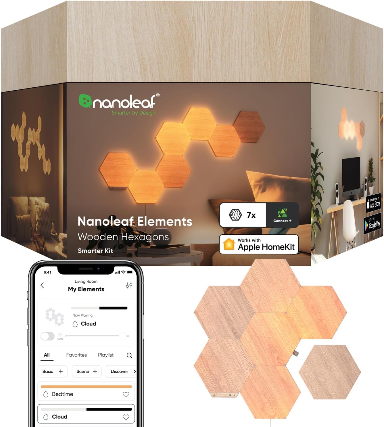 Nanoleaf Elements Hexagon Starter Kit, 7 Smarten Holzoptik LED Panels - Modulare Dimmbare WLAN Wandleuchte Innen, Musik Sync, Deko Wohnzimmer Schlafzimmer Büro