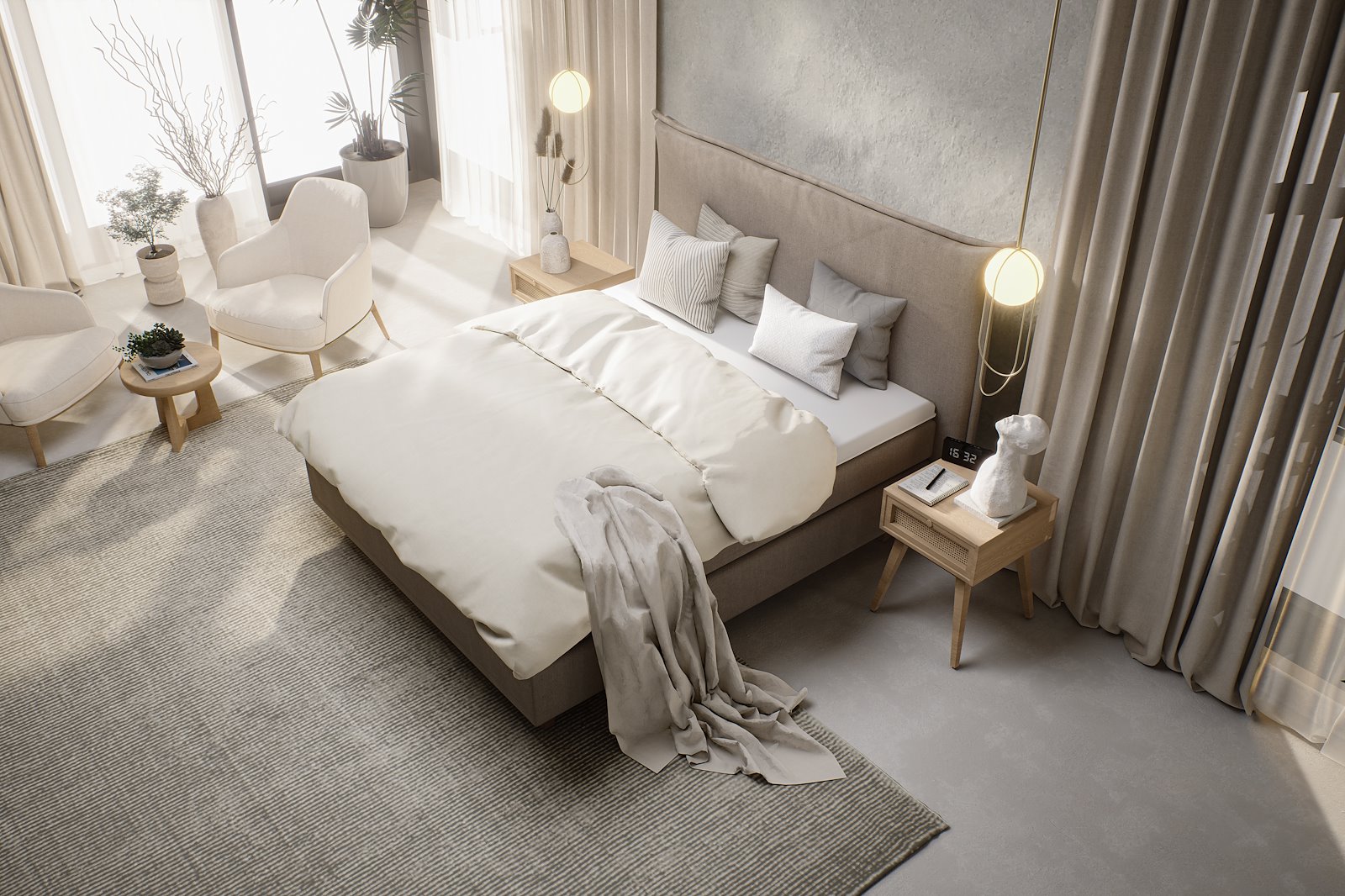 Premium 10 kontinentalseng 150x200 cm i tekstil Storm 09 mørk beige med medium/fast fasthet, Premium 10 overmadrass og firkantet hvitoljede eikeben 15 cm