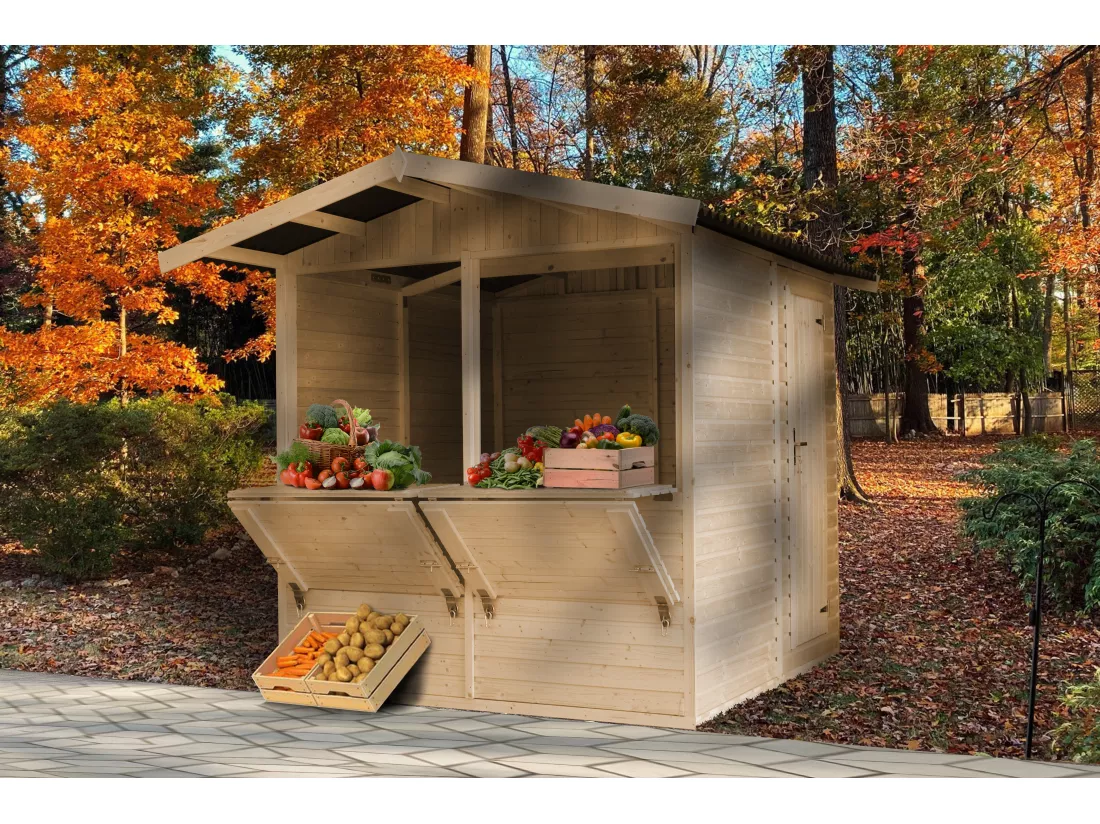 TIMBELA M149 Maison de jardin en bois, Étal de marché en bois H232x253x263 cm/4 m2