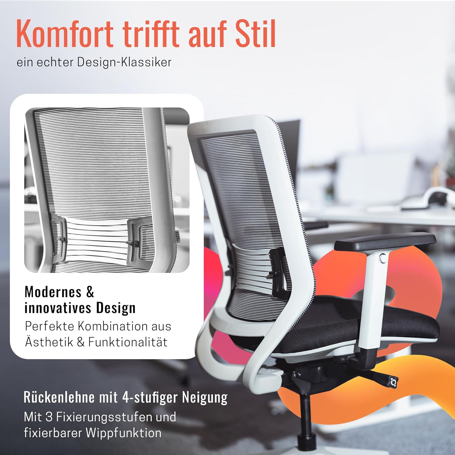 Yaasa Chair Classic Bürostuhl Ergonomisch Weiß – Verstellbarer Schreibtischstuhl mit Lordosenstütze & 3D-Armlehnen – Drehstuhl für gesundes Sitzen im Home Office & Büro – Zertifizierte Qualität, 130kg