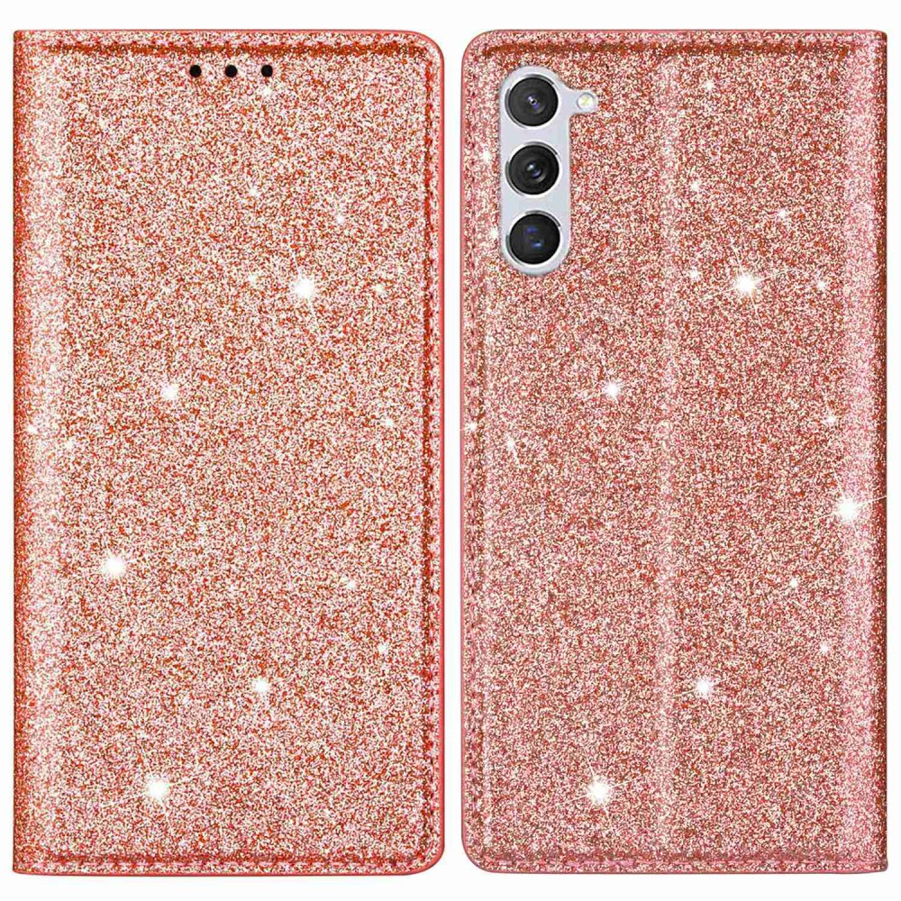Samsung Galaxy S23 5G Flip Wallet Cover Leder Tasche Glitzer Optik - Roségold