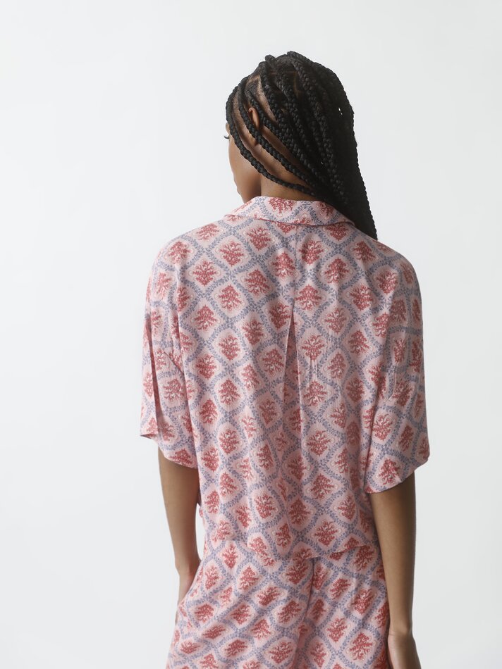 Camisa chambray cropped de manga curta - Rosa