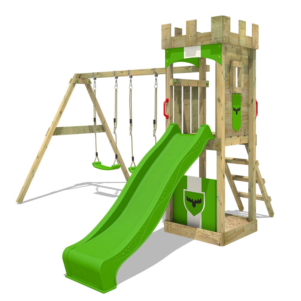 FATMOOSE TreasureTower speeltoren klimtoestel met schommel en glijbaan, klimtoren met zandbak, ladder en speelaccessoires - appelgroen
