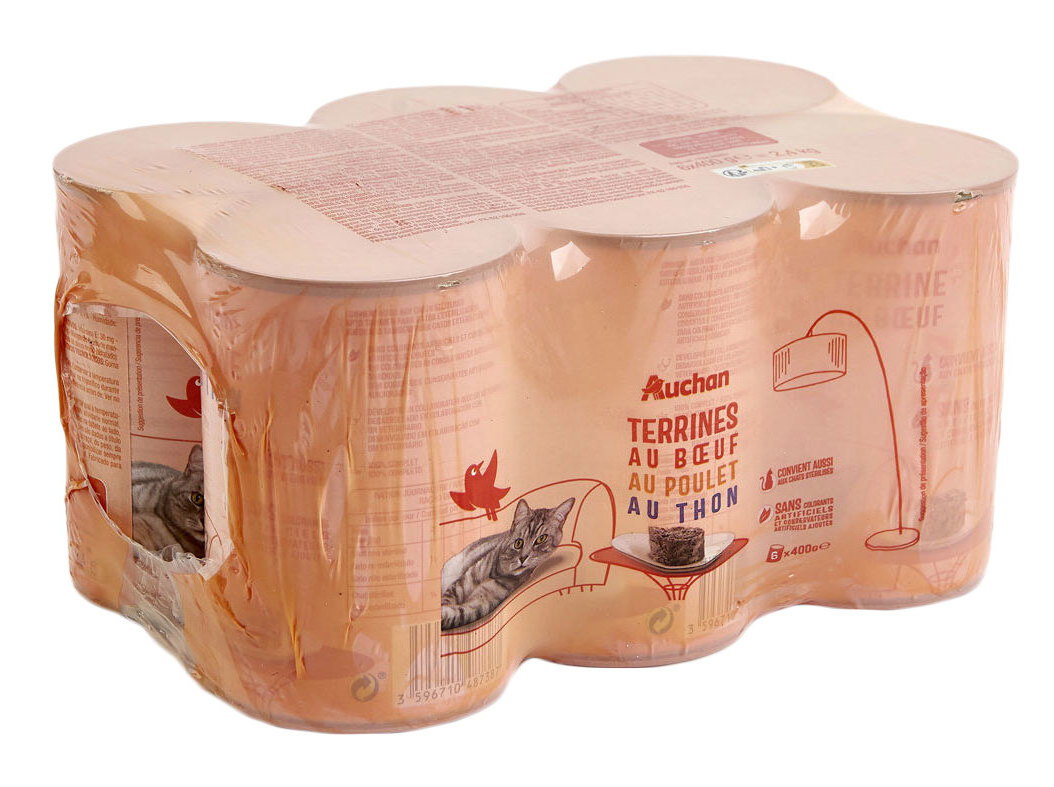 COMIDA HÚMIDA PARA GATO AUCHAN TERRINA COM VACA COM FRANGO E COM ATUM 6X400G